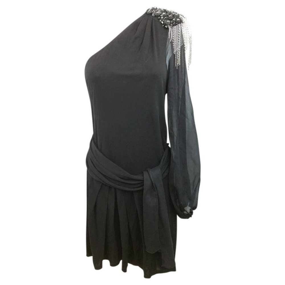 EMBELLISHED FRINGES ONE SHOULDER BLACK DRESS S